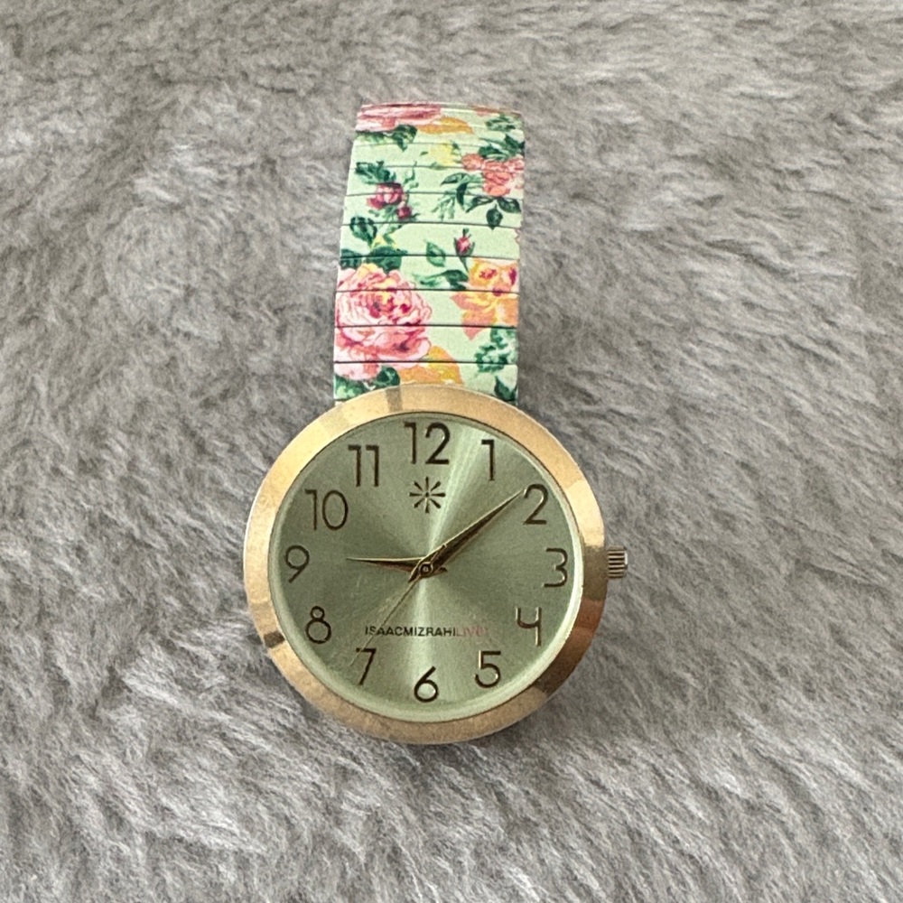 Isaac Mizrahi Gold Tone Watch with Floral Green Strap - Picture 2 of 4